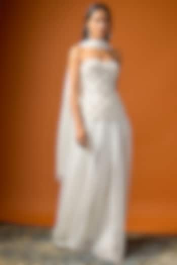 White Shimmer Silk Skirt Set by Rayasha Khan at Pernia's Pop Up Shop