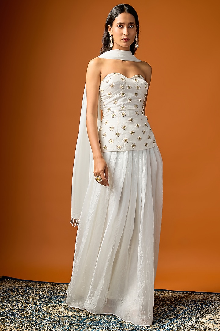 White Shimmer Silk Skirt Set by Rayasha Khan at Pernia's Pop Up Shop