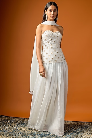 White Shimmer Silk Skirt Set by Rayasha Khan