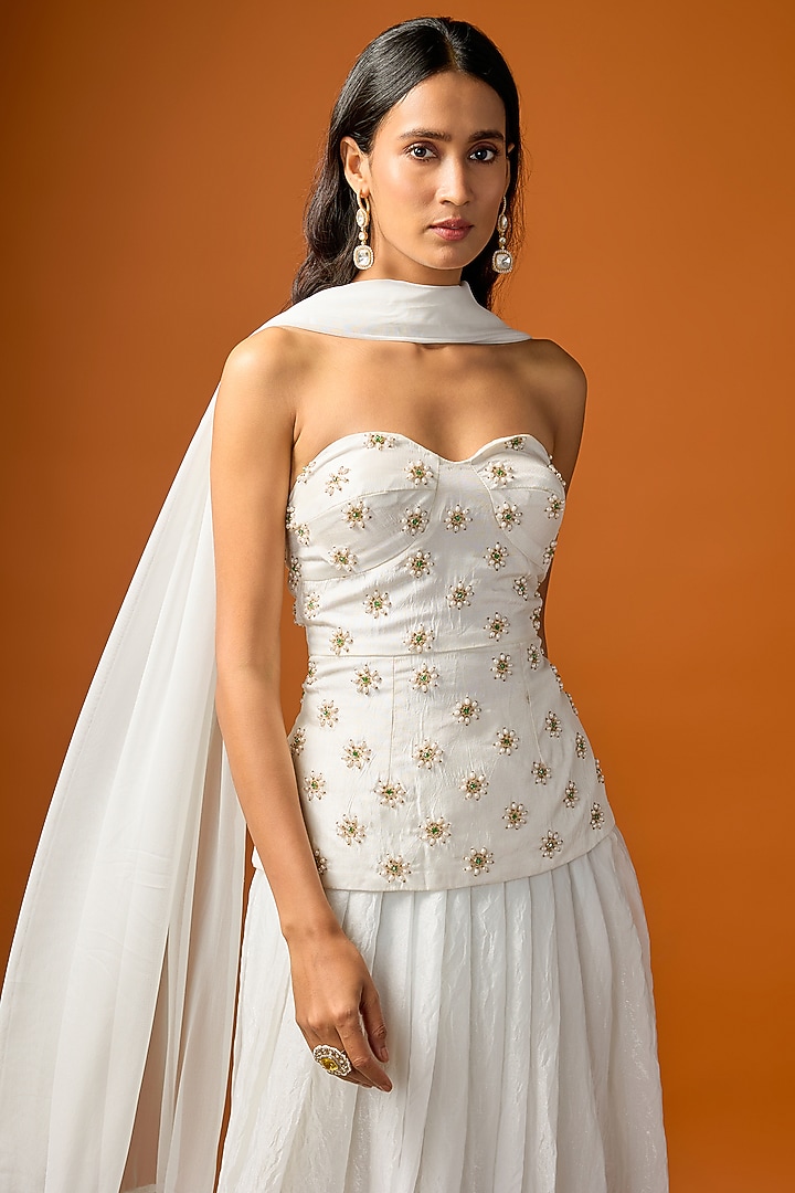 White Shimmer Silk Skirt Set by Rayasha Khan at Pernia's Pop Up Shop