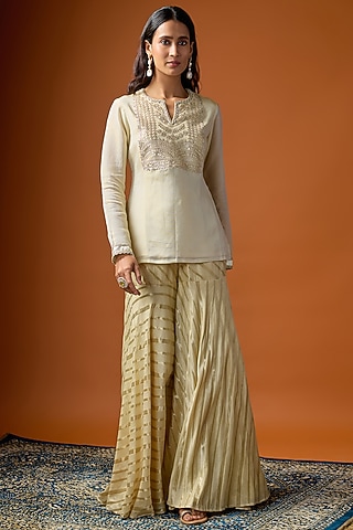 knee length dresses for ladies Heavily Embroidered Designer Sharara Suit Set with Dupatta – AMRUT main image 0