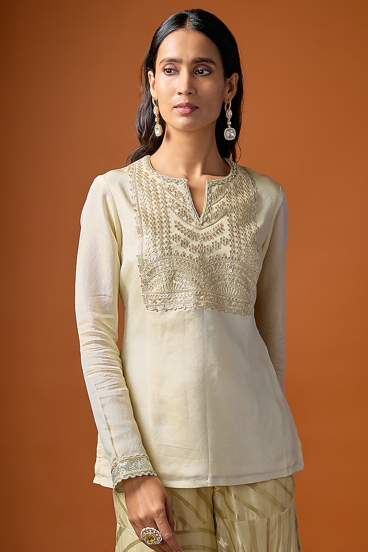 Beige Striped Banarasi Gharara Set by Rayasha Khan at Pernia's Pop Up Shop