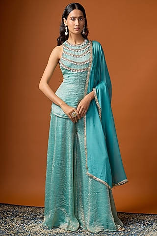 Aquamarine Chiffon Silk Zari Embroidered Kurta Set by Rayasha Khan