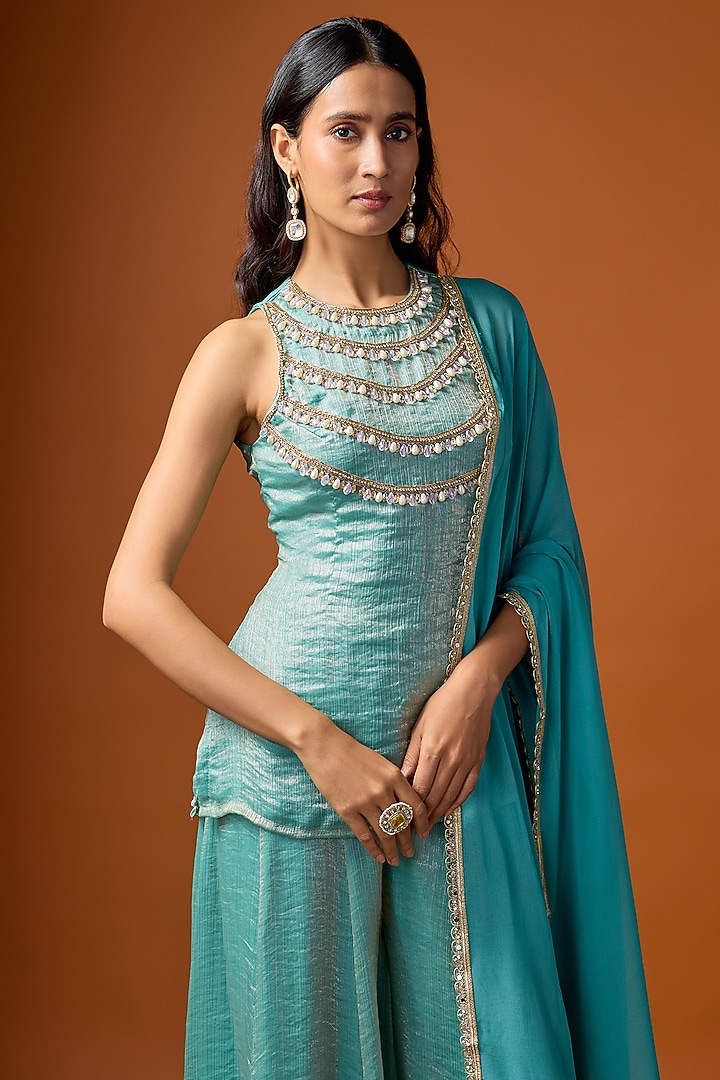 Aquamarine Chiffon Silk Zari Embroidered Kurta Set by Rayasha Khan at Pernia's Pop Up Shop
