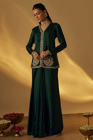 Forest Green Satin Jacket With Saree Drape Skirt by Rayasha Khan