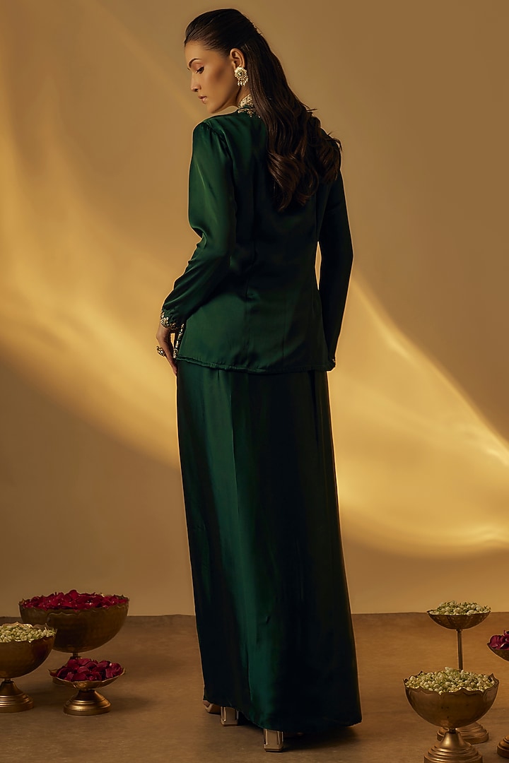 Forest Green Satin Jacket With Saree Drape Skirt by Rayasha Khan at Pernia's Pop Up Shop