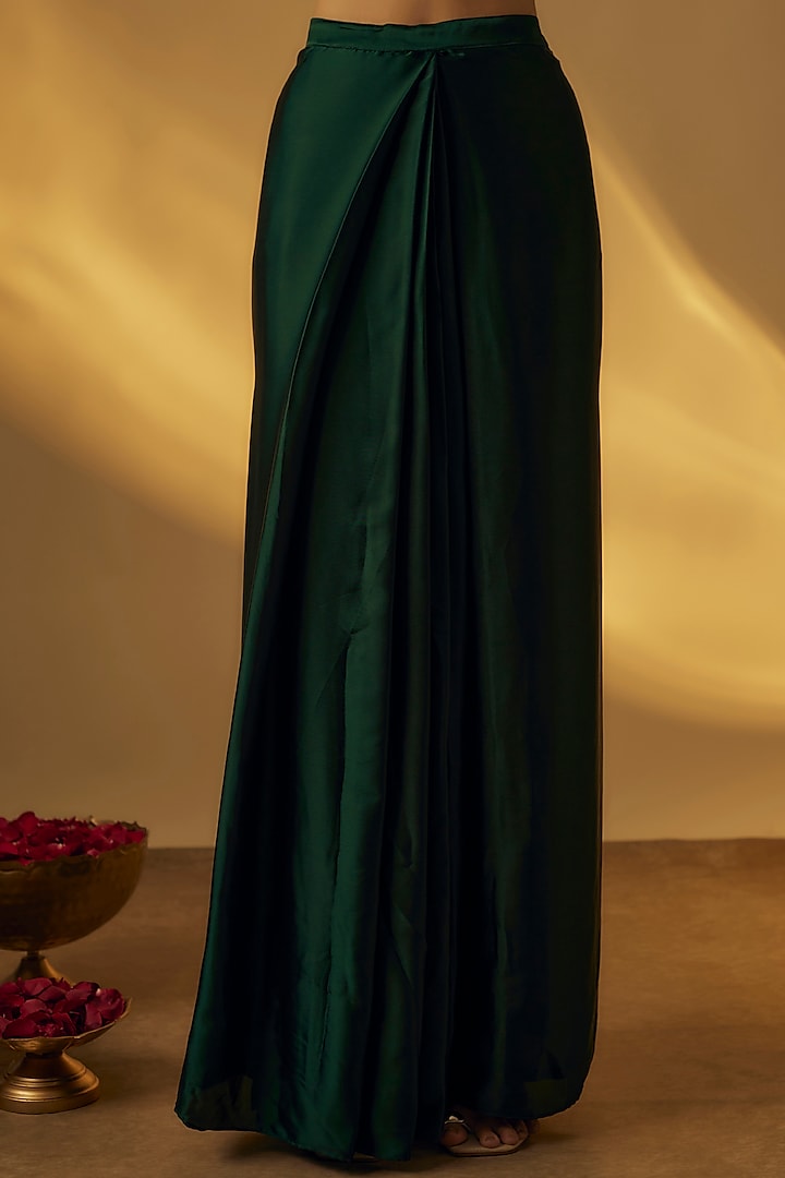 Forest Green Satin Jacket With Saree Drape Skirt by Rayasha Khan at Pernia's Pop Up Shop