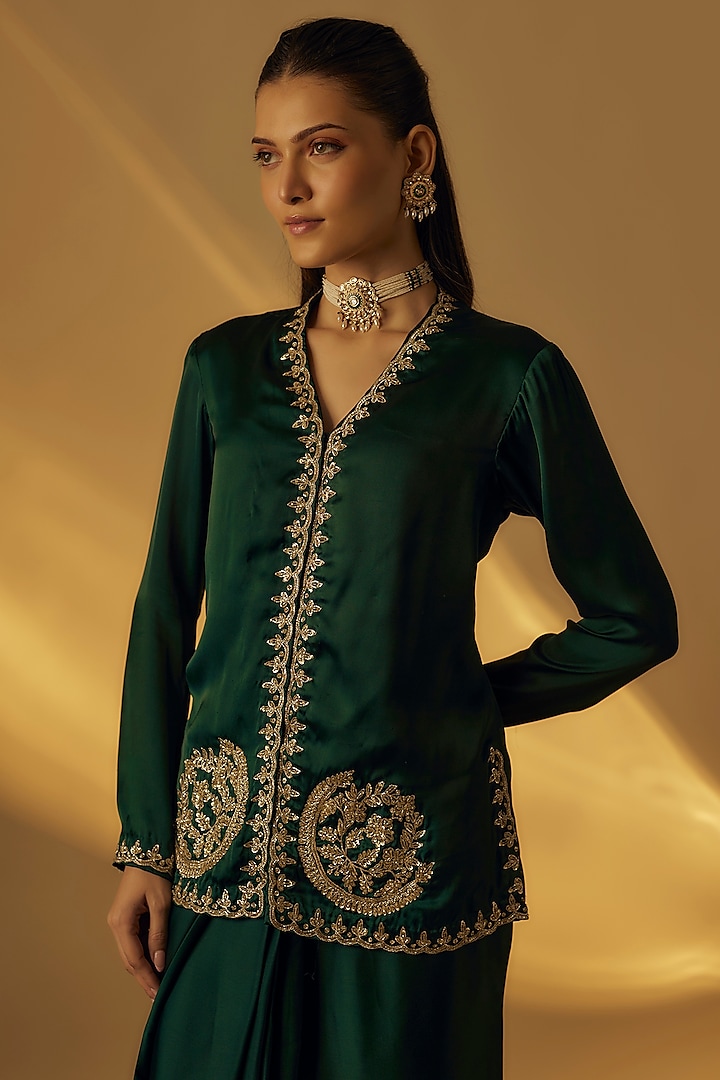 Forest Green Satin Jacket With Saree Drape Skirt by Rayasha Khan at Pernia's Pop Up Shop