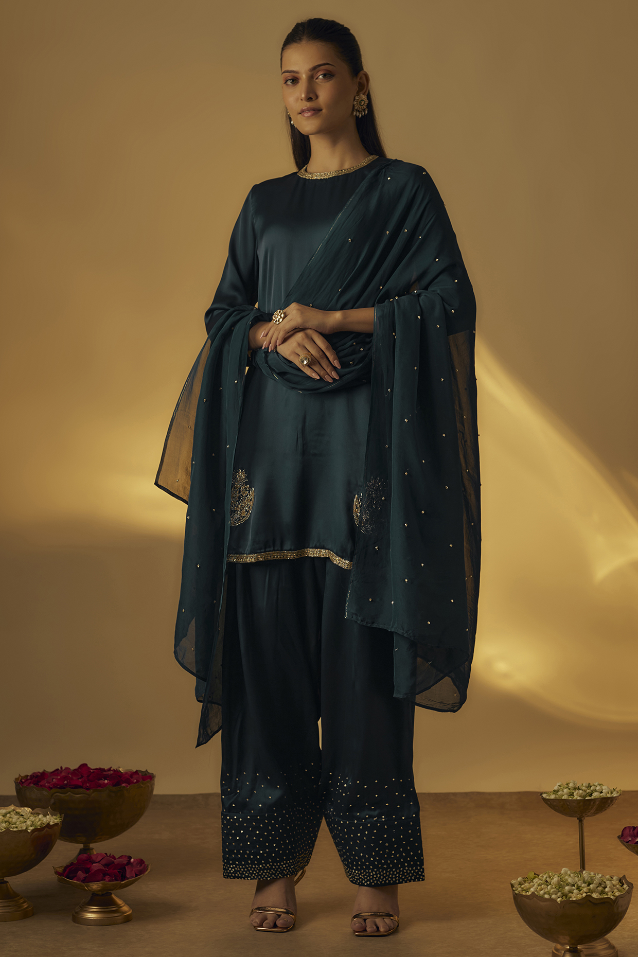 Midnight Blue Italian Satin Farshi Salwar Set by Rayasha Khan at Pernia's Pop Up Shop