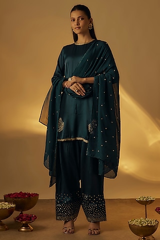 Midnight Blue Italian Satin Farshi Salwar Set by Rayasha Khan