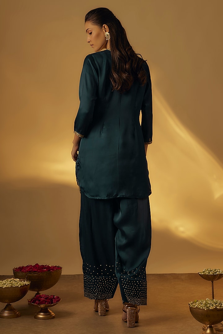 Midnight Blue Italian Satin Farshi Salwar Set by Rayasha Khan at Pernia's Pop Up Shop