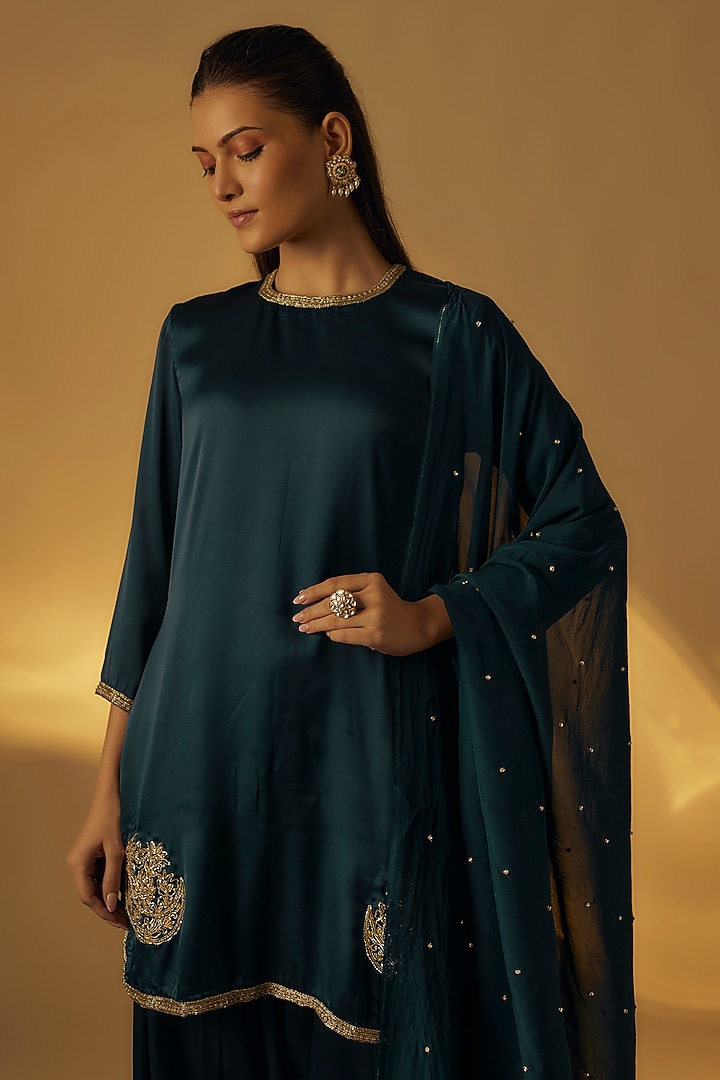 Midnight Blue Italian Satin Farshi Salwar Set by Rayasha Khan at Pernia's Pop Up Shop