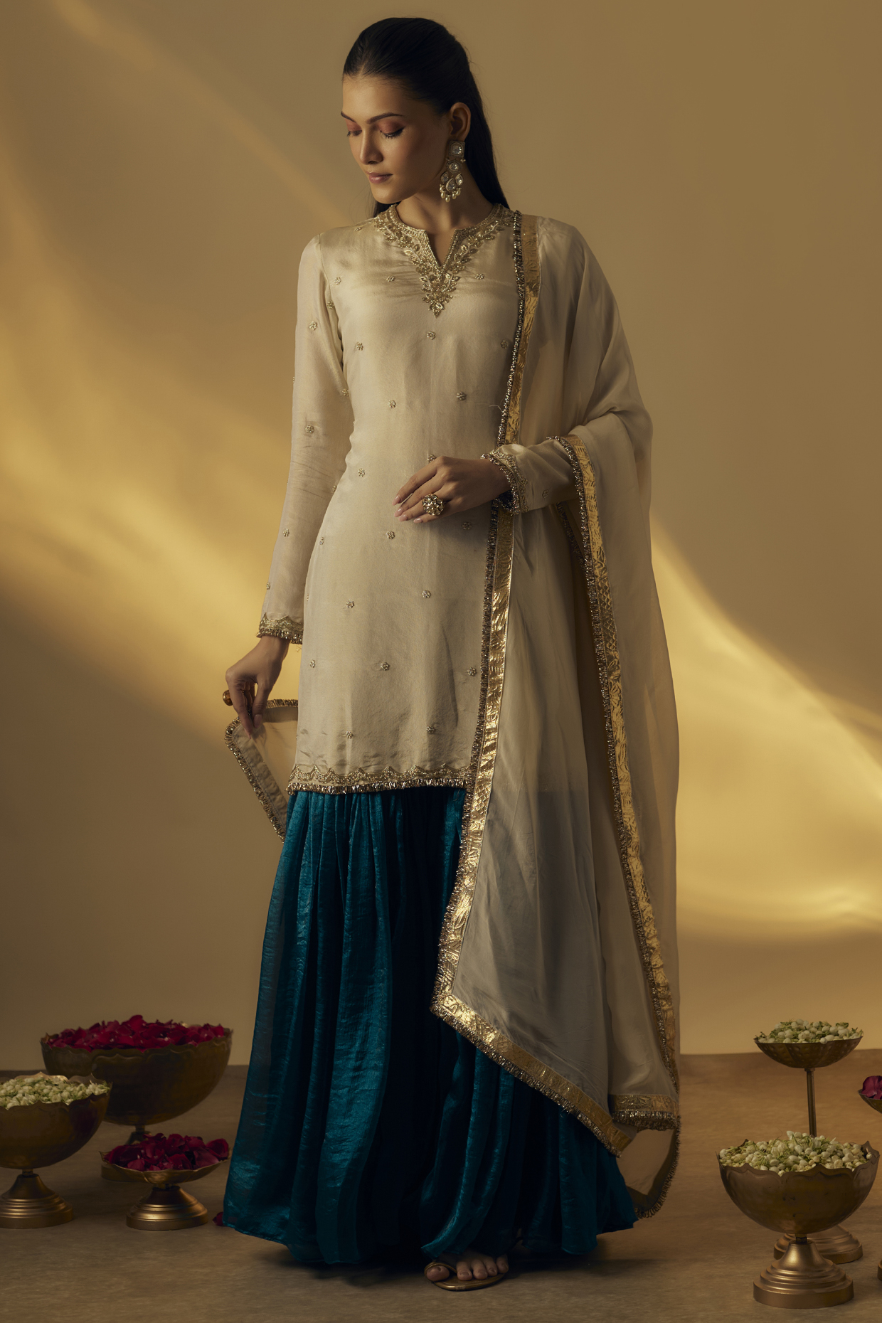 Beige & Teal Zari Gharara Set by Rayasha Khan at Pernia's Pop Up Shop