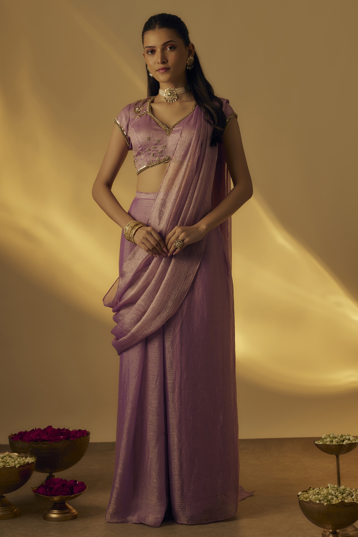 Lavender Zari Zardosi Work Pre-Draped Party Wear Saree Set by Rayasha Khan at Pernia's Pop Up Shop
