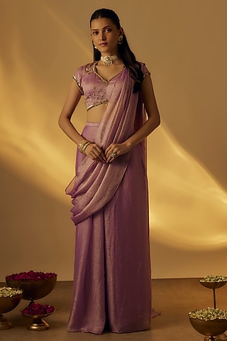 Lavender Zari Zardosi Work Pre-Draped Saree Set by Rayasha Khan