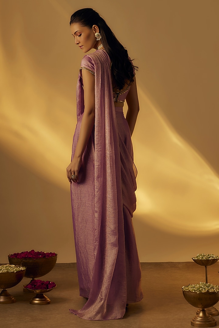 Lavender Zari Zardosi Work Pre-Draped Party Wear Saree Set by Rayasha Khan at Pernia's Pop Up Shop