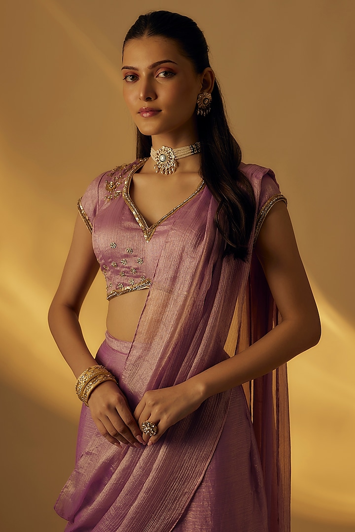 Lavender Zari Zardosi Work Pre-Draped Party Wear Saree Set by Rayasha Khan at Pernia's Pop Up Shop