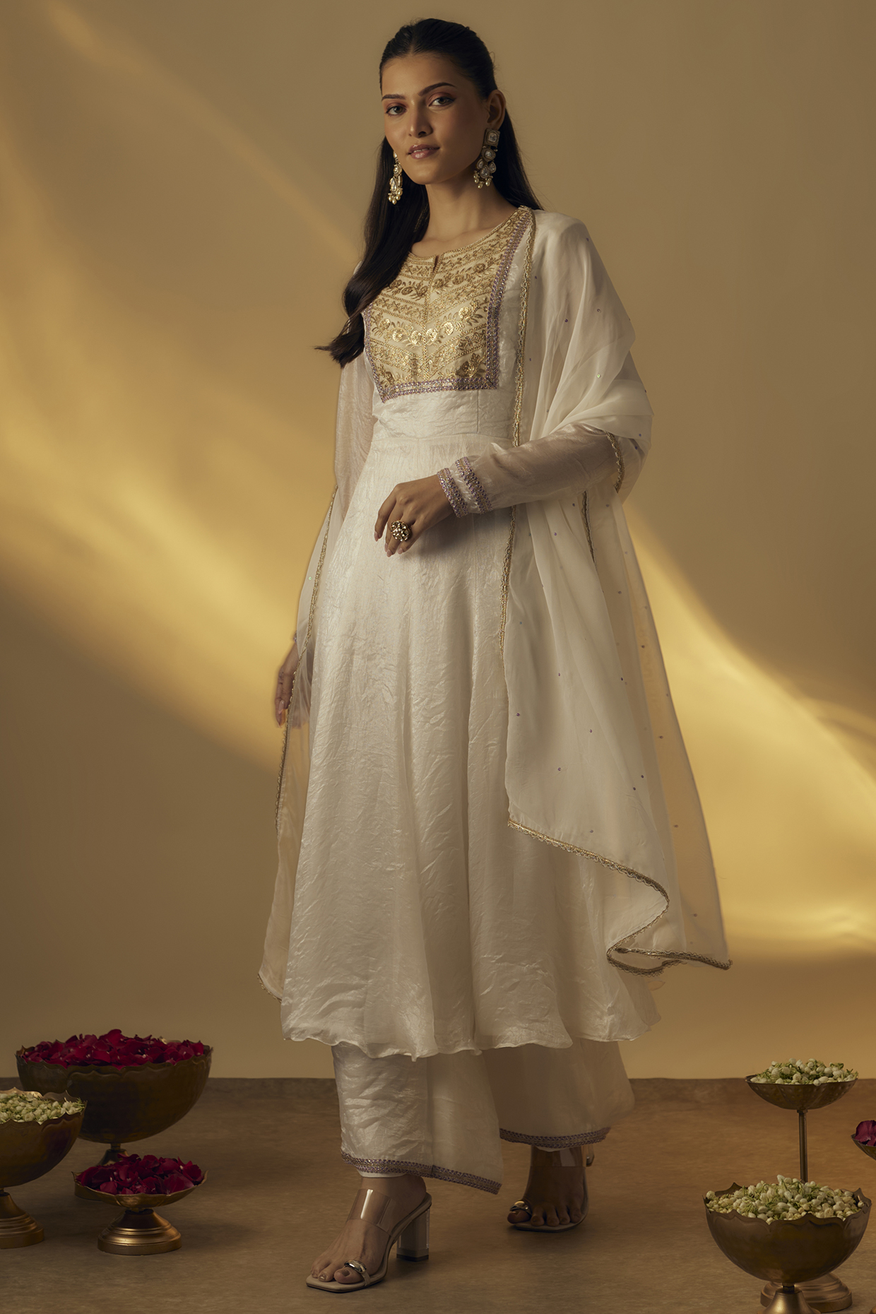 White Silk Tissue Machine Work Party Wear Anarkali Set by Rayasha Khan at Pernia's Pop Up Shop