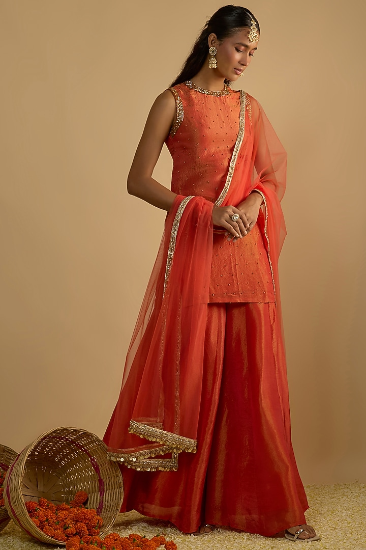 Burnt Orange Silk Tissue Party Wear Sharara Set by Rayasha Khan at Pernia's Pop Up Shop