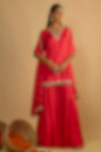 Crimson Red Silk Chiffon Gharara Set by Rayasha Khan at Pernia's Pop Up Shop