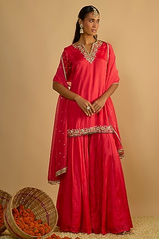 Crimson Red Silk Chiffon Gharara Set by Rayasha Khan