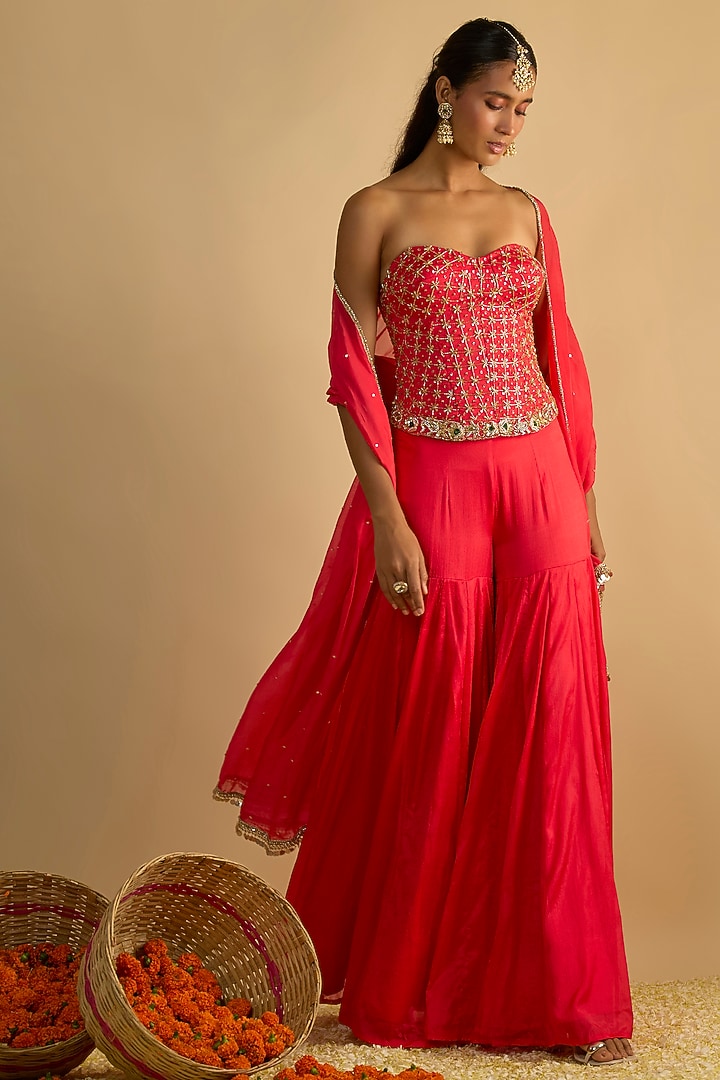 Crimson Red Silk Chiffon Gharara Set by Rayasha Khan at Pernia's Pop Up Shop