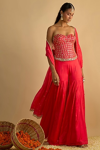 Crimson Red Silk Chiffon Gharara Set by Rayasha Khan