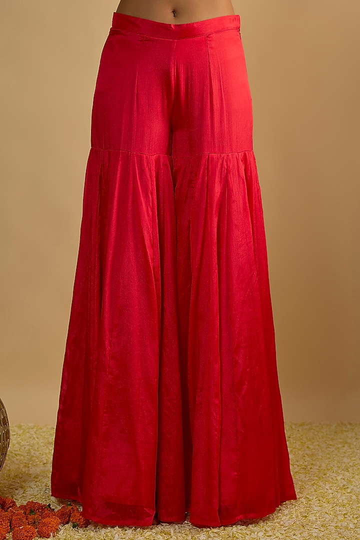 Crimson Red Silk Chiffon Gharara Set by Rayasha Khan at Pernia's Pop Up Shop