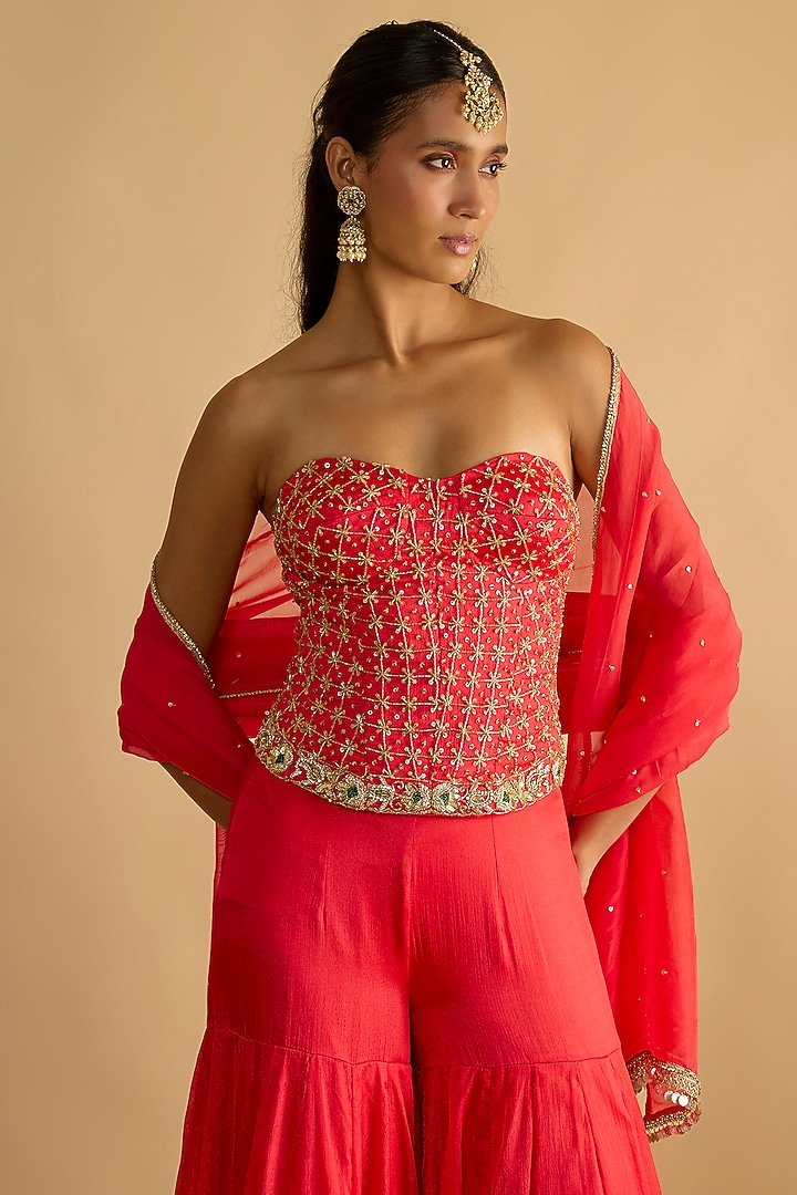 Crimson Red Silk Chiffon Gharara Set by Rayasha Khan at Pernia's Pop Up Shop