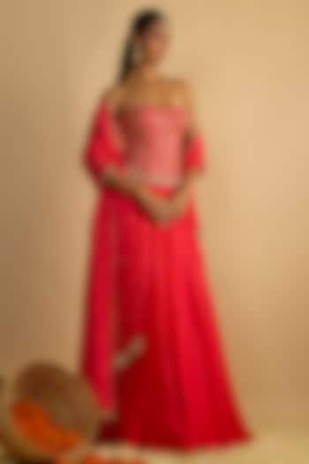 Crimson Red Silk Chiffon Wedding Lehenga Set by Rayasha Khan at Pernia's Pop Up Shop