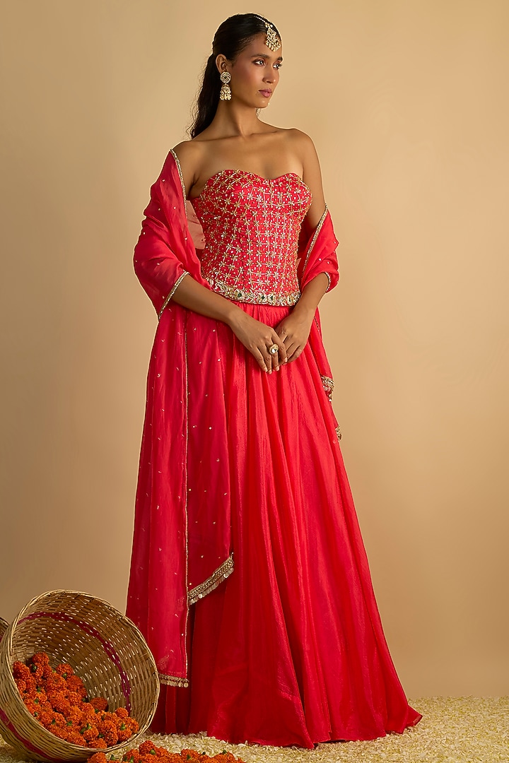 Crimson Red Silk Chiffon Wedding Lehenga Set by Rayasha Khan at Pernia's Pop Up Shop
