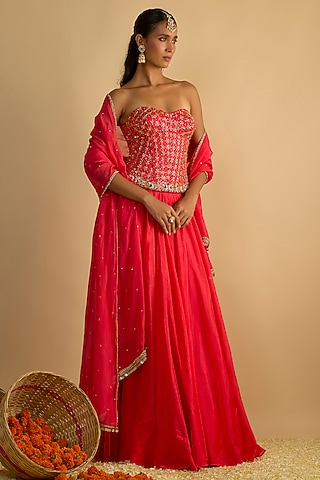 Crimson Red Silk Chiffon Lehenga Set by Rayasha Khan