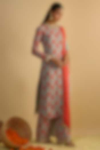 Blue & Orange Georgette Floral Printed Kurta Set by Rayasha Khan at Pernia's Pop Up Shop