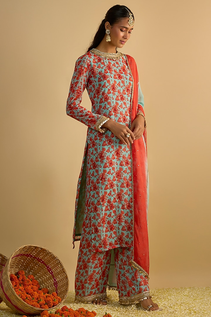 Blue & Orange Georgette Floral Printed Kurta Set by Rayasha Khan at Pernia's Pop Up Shop