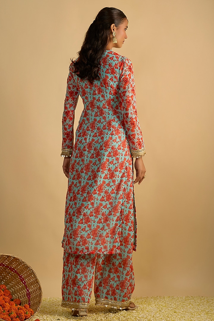 Blue & Orange Georgette Floral Printed Kurta Set by Rayasha Khan at Pernia's Pop Up Shop