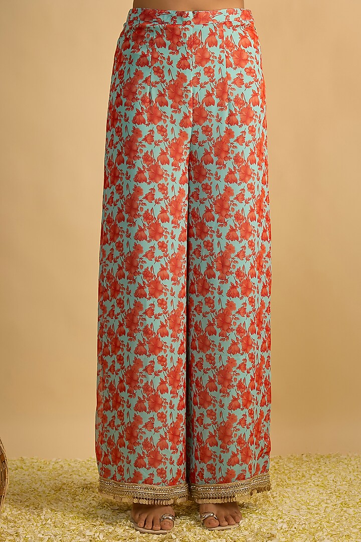 Blue & Orange Georgette Floral Printed Kurta Set by Rayasha Khan at Pernia's Pop Up Shop