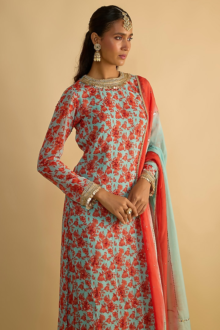 Blue & Orange Georgette Floral Printed Kurta Set by Rayasha Khan at Pernia's Pop Up Shop