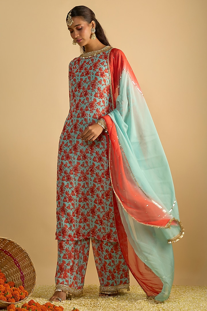 Blue & Orange Georgette Floral Printed Kurta Set by Rayasha Khan at Pernia's Pop Up Shop