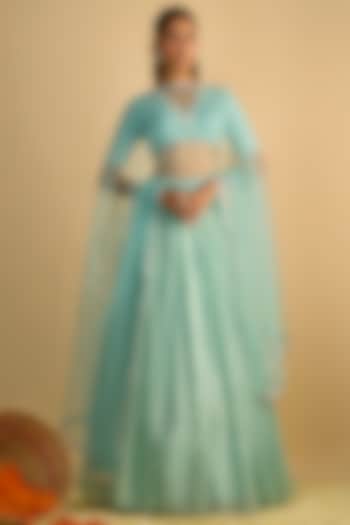 Crystal Blue Silk Chiffon Lehenga Set by Rayasha Khan at Pernia's Pop Up Shop