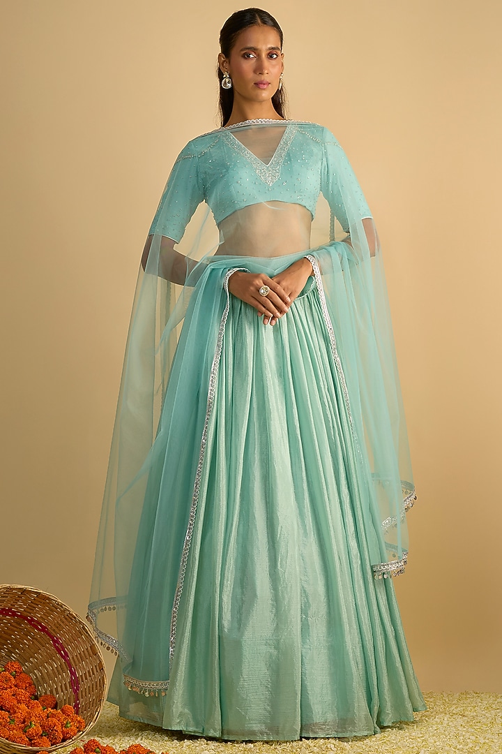 Crystal Blue Silk Chiffon Lehenga Set by Rayasha Khan at Pernia's Pop Up Shop