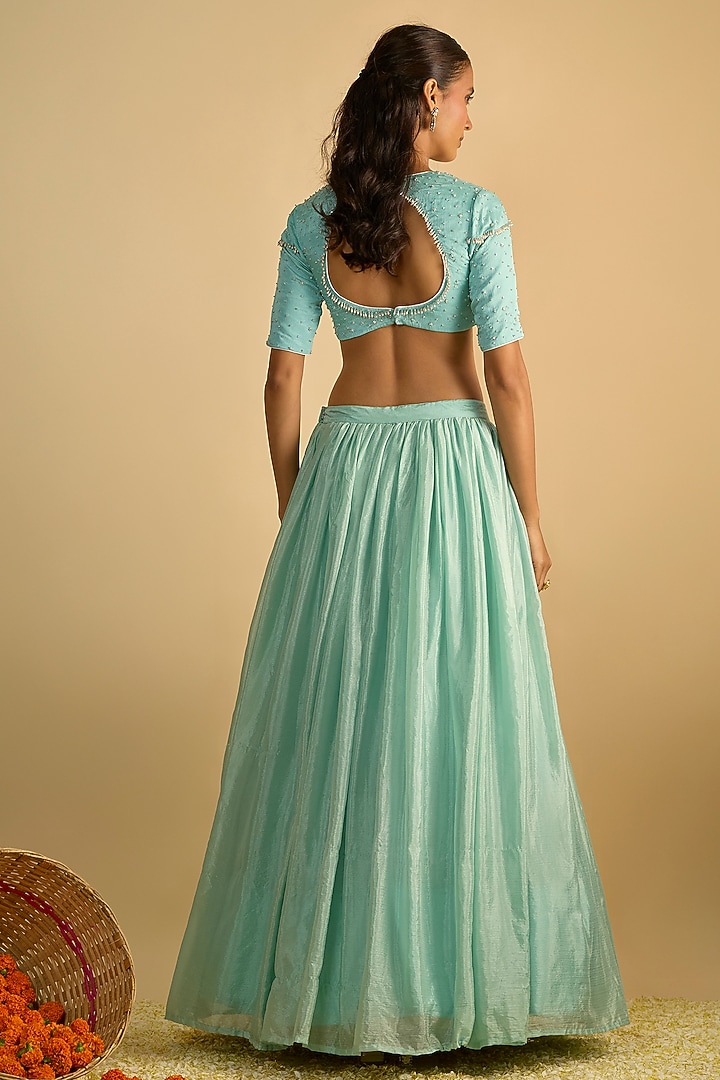 Crystal Blue Silk Chiffon Lehenga Set by Rayasha Khan at Pernia's Pop Up Shop