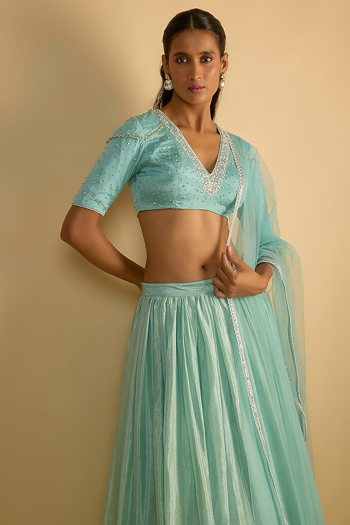 Crystal Blue Silk Chiffon Lehenga Set by Rayasha Khan at Pernia's Pop Up Shop