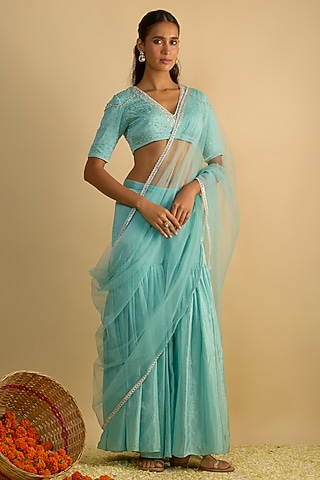 Crystal Blue Silk Chiffon Cutdana Embroidered Gharara Set by Rayasha Khan