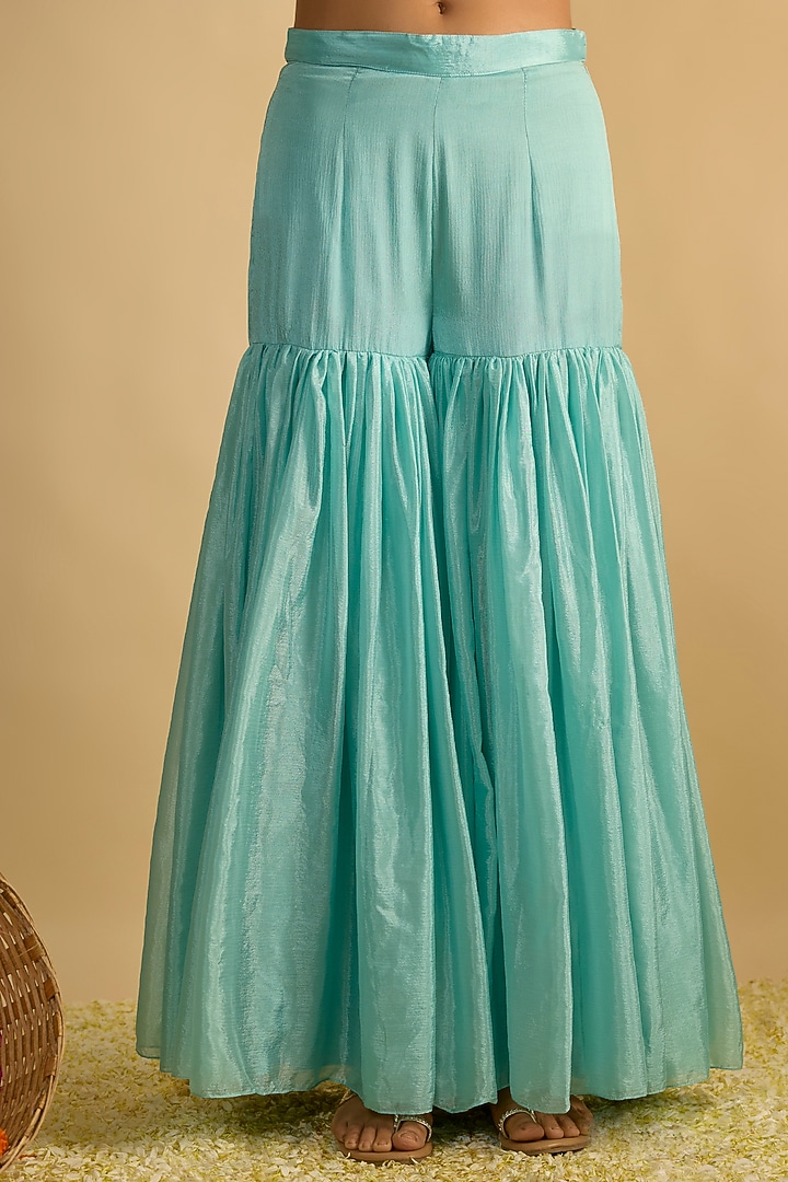 Crystal Blue Silk Chiffon Cutdana Embroidered Gharara Set by Rayasha Khan at Pernia's Pop Up Shop