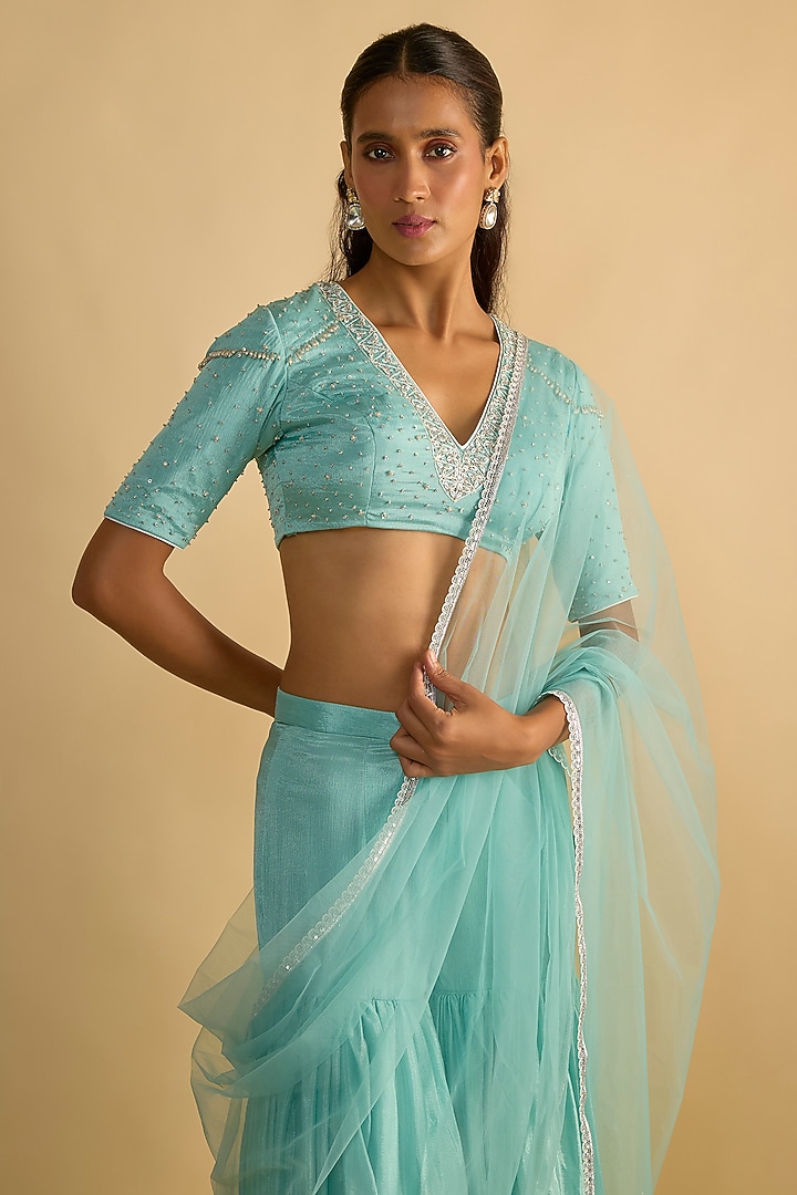 Crystal Blue Silk Chiffon Cutdana Embroidered Gharara Set by Rayasha Khan at Pernia's Pop Up Shop