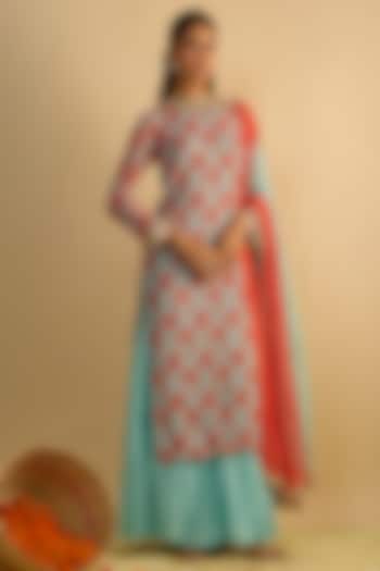 Blue & Orange Georgette Floral Printed Kurta Set by Rayasha Khan at Pernia's Pop Up Shop