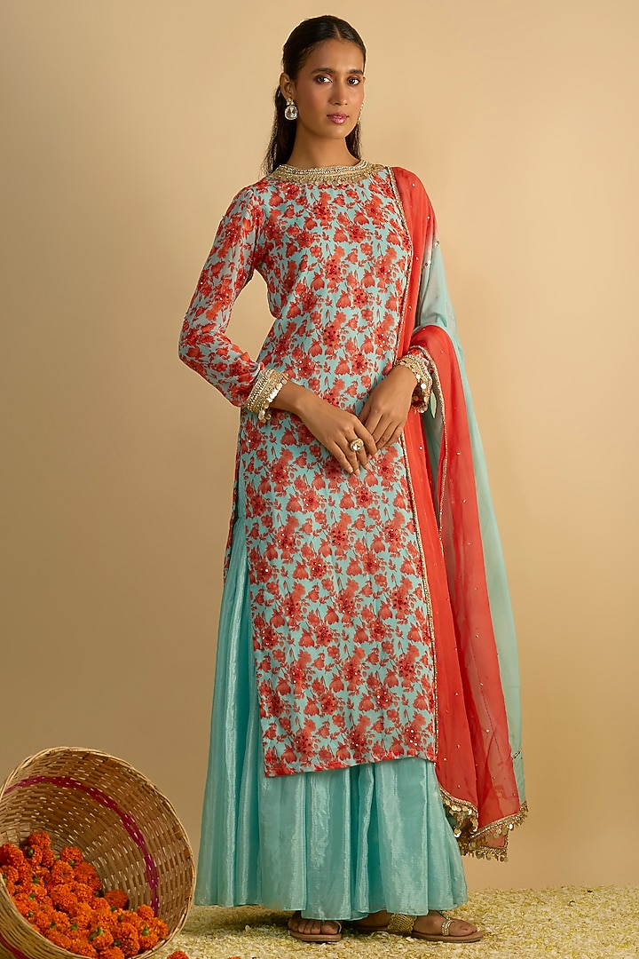 Blue & Orange Georgette Floral Printed Kurta Set by Rayasha Khan at Pernia's Pop Up Shop