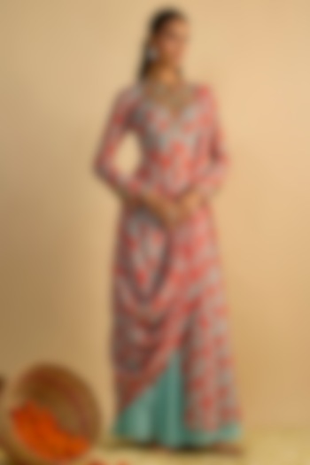 Blue & Orange Georgette Floral Printed Draped-Style Kurta Set by Rayasha Khan at Pernia's Pop Up Shop