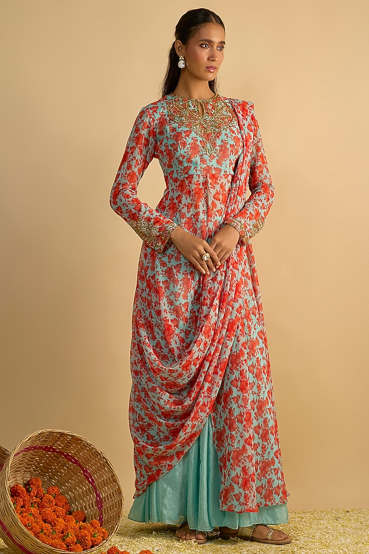 Blue & Orange Georgette Floral Printed Draped-Style Kurta Set by Rayasha Khan at Pernia's Pop Up Shop