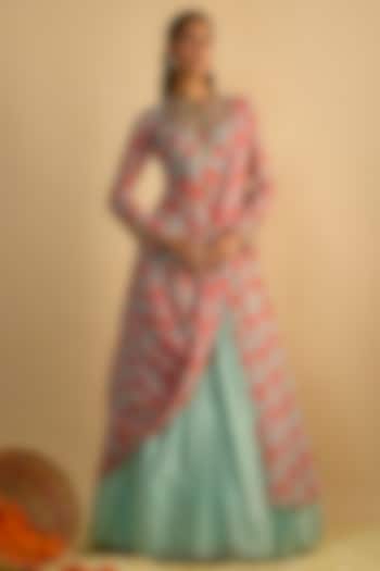 Blue & Orange Georgette Floral Printed Draped-Style Kurta Set by Rayasha Khan at Pernia's Pop Up Shop